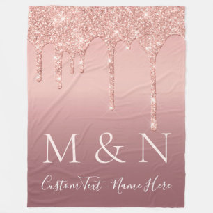 Custom Text Letters Rose Gold Blush Glitter Couple Fleece Blanket