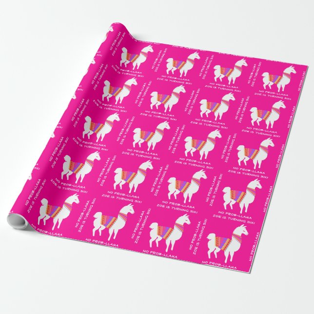 Custom Text Little Girls Birthday Party Llama Wrapping Paper (Unrolled)