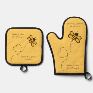 Custom Text Love Bee Oven Mitt & Pot Holder Set
