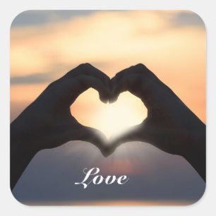 Custom Text Love Hands Heart Shape Twilight Sunset Square Sticker