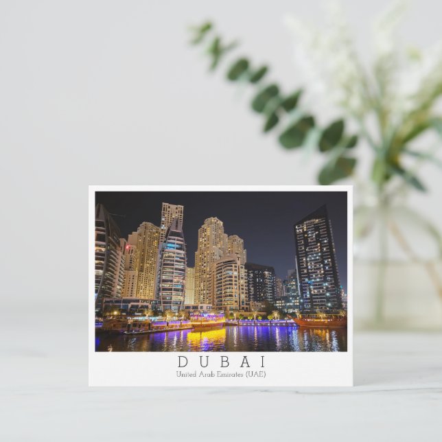 Custom text, marina by night, Dubai, UAE  Postcard (Standing Front)