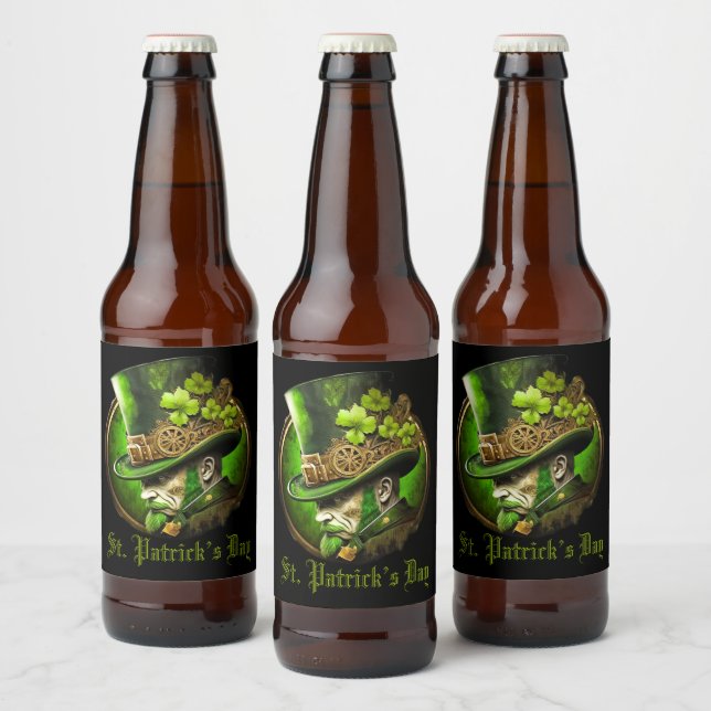 Custom Text Mechanical Tophat St Patrick’s Day Man Beer Bottle Label (Bottles)