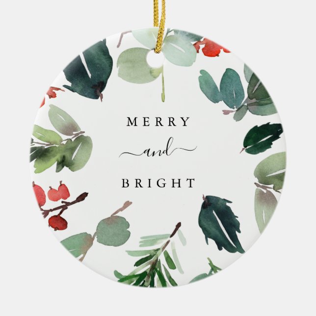 Custom Text Merry and Bright Christmas Greenery Ceramic Tree Decoration (Front)