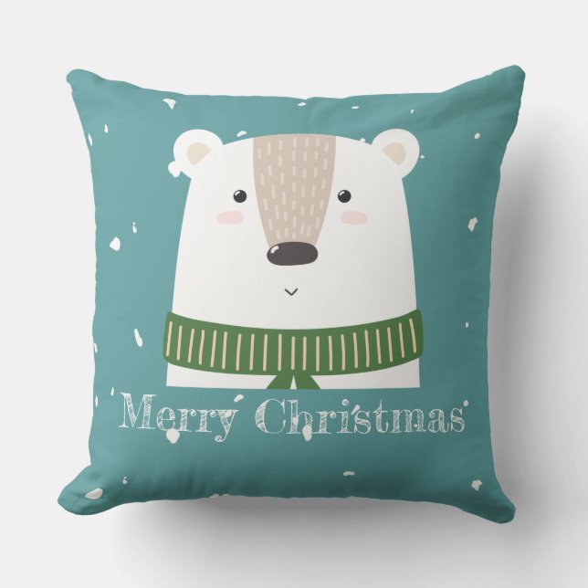 Custom text Merry Christmas Polar bear snow blue Cushion (Front)