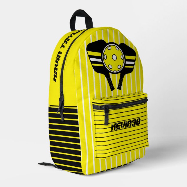 Custom text modern bright yellow black Pickleball Printed Backpack (Back Corner Left)