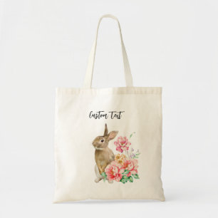 CUSTOM TEXT - Modern Easter Bunny + Flowers Tote Bag