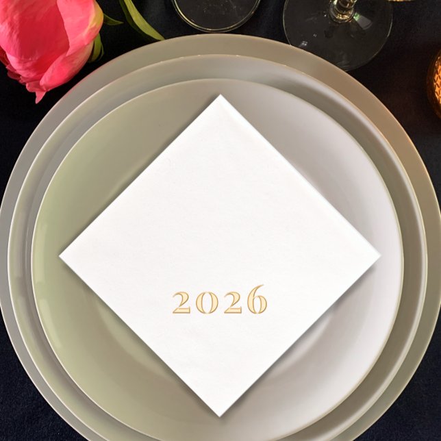 Custom Text Modern New Year 2026 Party Gold Foil Napkins (Real foil New Year’s Eve party napkins. Minimalistic elegant editable script 2026
)