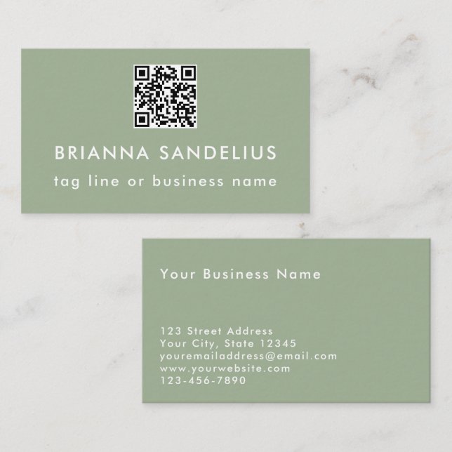 Custom Text Modern Sage Green QR Code Professional Business Card (Front/Back)