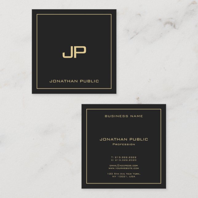 Custom Text Monogram Luxury Elegant Black And Gold Square Business Card (Front/Back)