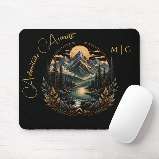 Custom Text Mountain Lake Nature Adventure Badge Mouse Mat (With Mouse)
