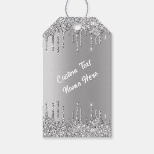 Custom Text Name Silver Glitter Sparkle Gift Tags