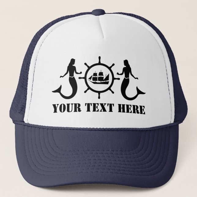 Custom Text Nautic Mermaids Ship Trucker Hat (Front)