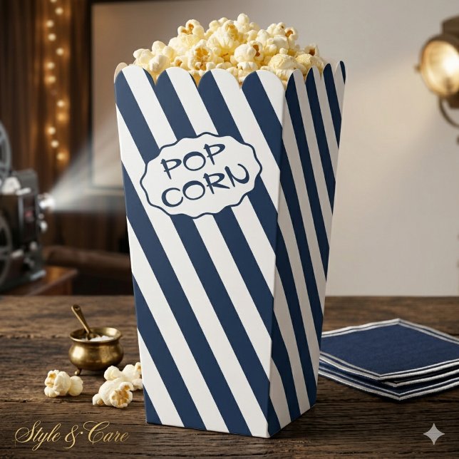 Custom Text Navy Blue and White Striped Popcorn Favour Box (Custom Text Navy Blue and White Striped Popcorn Favor Boxes)
