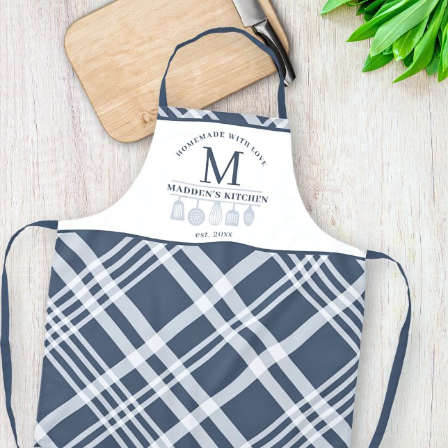 Custom Text Navy Blue White Buffalo Plaid Monogram Apron (Creator Uploaded)
