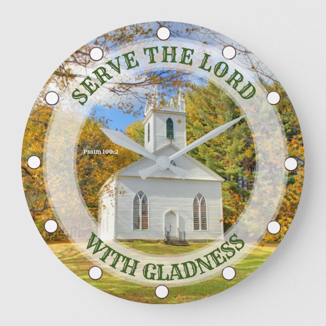 Custom Text New England Church in the Fall Large Clock (Front)