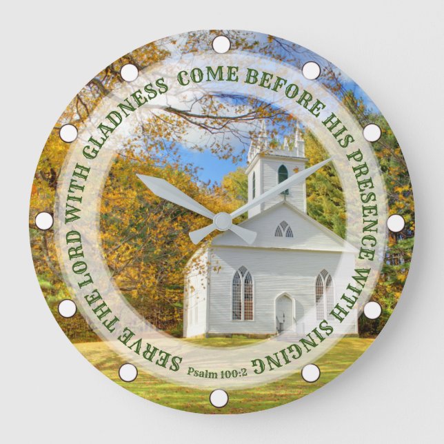 Custom Text New England Church in the Fall Large Clock (Front)