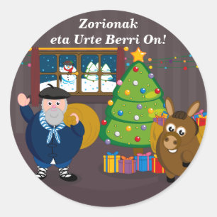 Custom text, Olentzero Navidad / Christmas scene: Classic Round Sticker