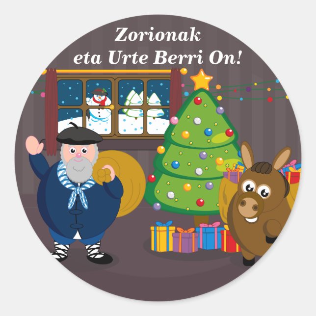 Custom text, Olentzero Navidad / Christmas scene: Classic Round Sticker (Front)