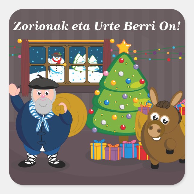Custom text, Olentzero Navidad / Christmas scene: Square Sticker (Front)