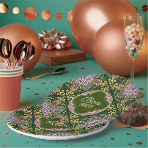 Custom text Olive and lavender Azulejos Paper Plate