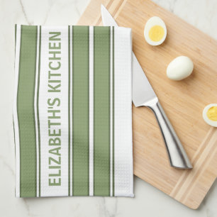 Custom Text Olive Green and White Striped Tea Towel