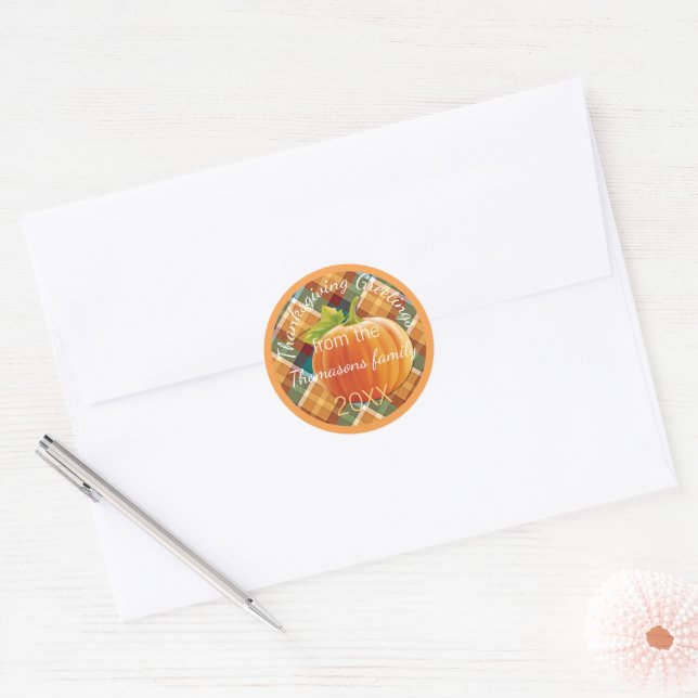 Custom Text On Autumn Plaid Pattern 20XX Classic Round Sticker (Envelope)