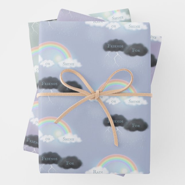 Custom Text on Clouds & Rainbows "Rain or Shine" Wrapping Paper Sheet (In situ)