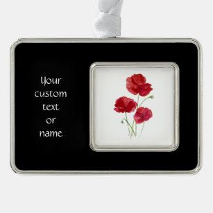 Custom text or name Watercolor Red Poppy Flower Silver Plated Framed Ornament