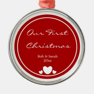 Custom Text Our First Christmas Red White Hearts O Metal Tree Decoration