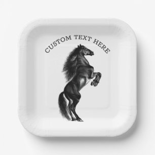 Custom Text Paper Plates Upright Black Wild Horse