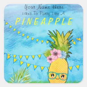 Custom Text / Party Pineapple Kawaii Summer Beach Square Sticker