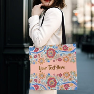 Custom Text Personalised Floral Vintage Boho Tote Bag