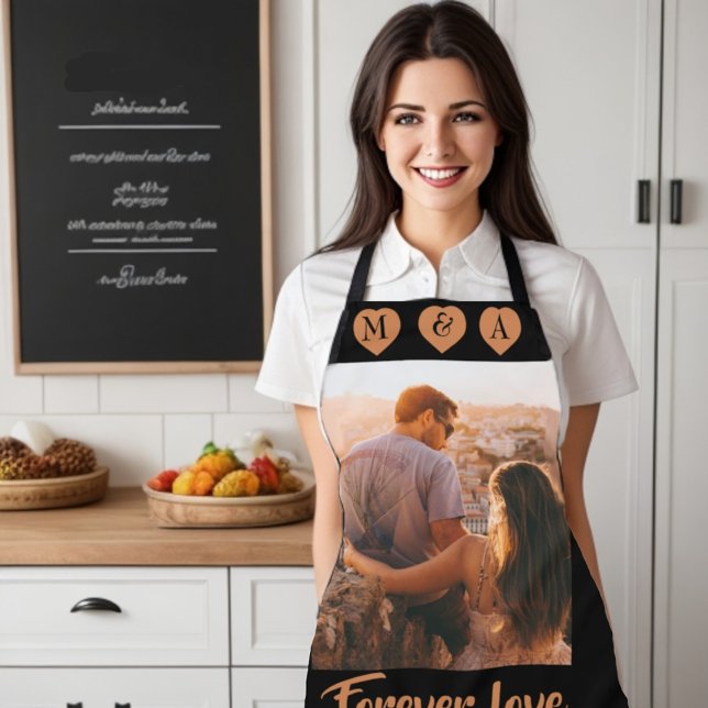 Custom text personalised photo print T-Shirt Apron (Personalized love family couple photo with custom text and hearts)