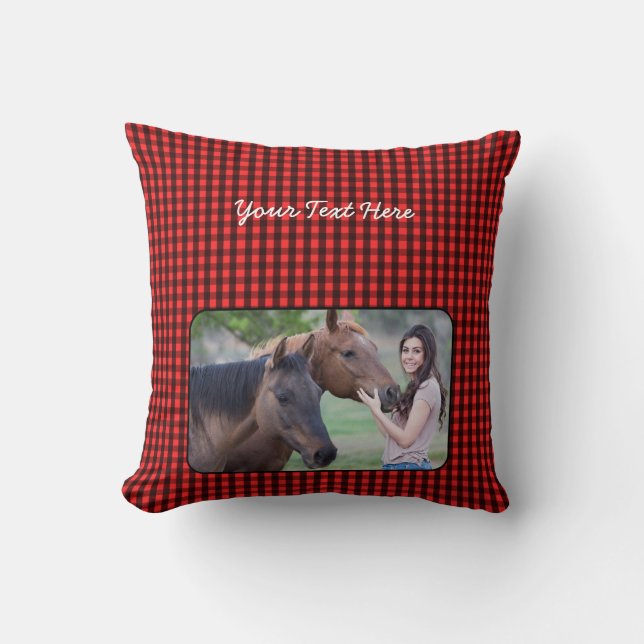 Custom Text/Photo Black Red Check Plaid Gingham Cushion (Front)