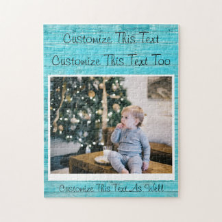 Custom Text/Photo Blue Turquoise Wooden Rustic Jigsaw Puzzle