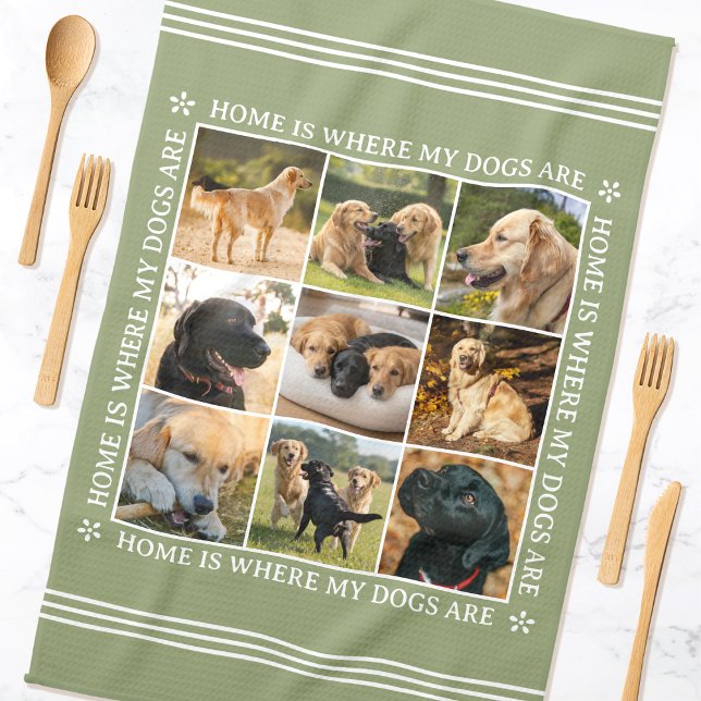 Custom Text Photo Collage Pet Dog Earthy Green Tea Towel (Creator Uploaded)
