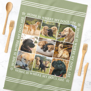 Custom Text Photo Collage Pet Dog Sage Green Tea Towel