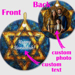 Custom text & photo Happy Hanukkah, Star of David Ceramic Tree Decoration<br><div class="desc">Here’s another beautiful option for your Hanukkah celebrations: the Personalised Hanukkah Star Ornament! This round ceramic ornament features a dazzling Star of David with the text “Happy Hanukkah!” in the centre, set against a cosmic-themed background with rich blue and golden hues. The intricate design adds a festive and elegant touch...</div>