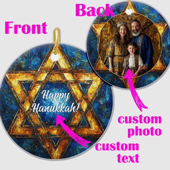 Custom text & photo Happy Hanukkah, Star of David Ceramic Tree Decoration (Custom text & photo Happy Hanukkah, Star of David Ceramic Ornament)