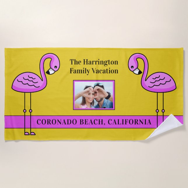 Custom text & photo Pink Flamingo beach towel (Front)