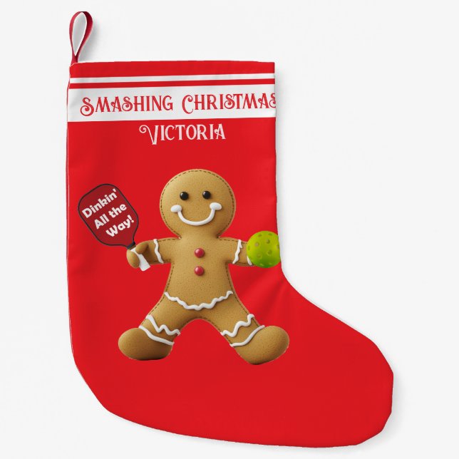 Custom text Pickleball Gingerbread Cheer Small Christmas Stocking (Front)