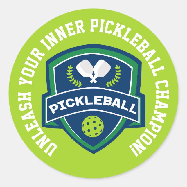 Custom text Pickleball green and blue Classic Round Sticker (Front)