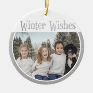 Custom Text/Pics Winter Snow Faux Silver Glitter Ceramic Tree Decoration