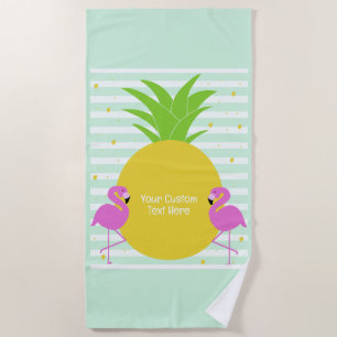 Custom Text Pineapple Flamingos Beach Towel