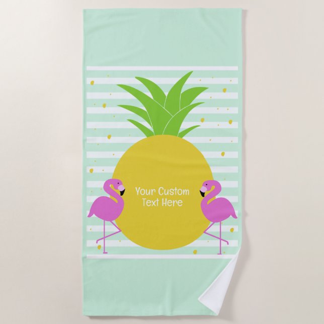 Custom Text Pineapple Flamingos Beach Towel (Front)