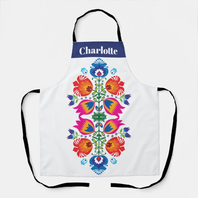 Custom text pink and orange folkloric apron (Front)