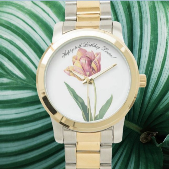 Custom(Text) Pink and Yellow Tulip Watercolor Watch (Creator Uploaded)