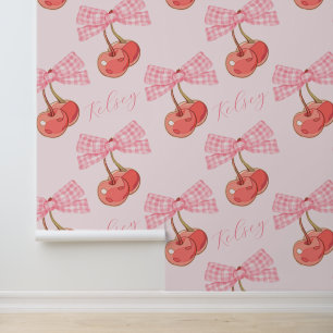 Custom Text Pink Coquette Bows and Cherries Wallpaper