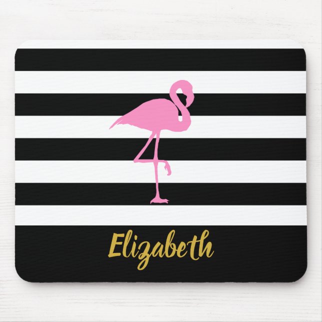 Custom Text Pink Flamingo on Black and Stripes Mouse Mat (Front)