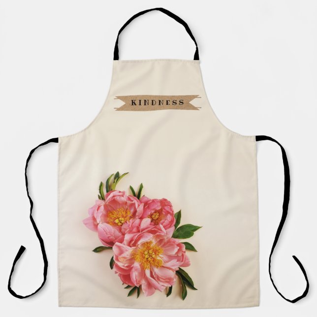 Custom Text Pink Floral Bouquet Kraft Ribbon  Apron (Front)